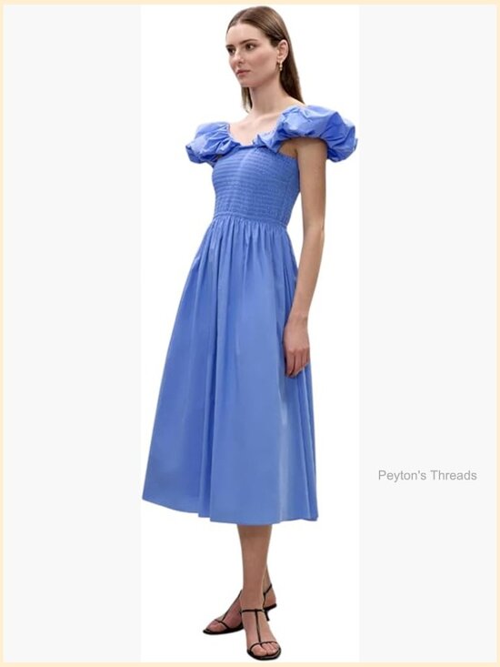 Dresses & Skirts - Puff Sleeve Smocked Bodice Midi Dress Cotton Poplin